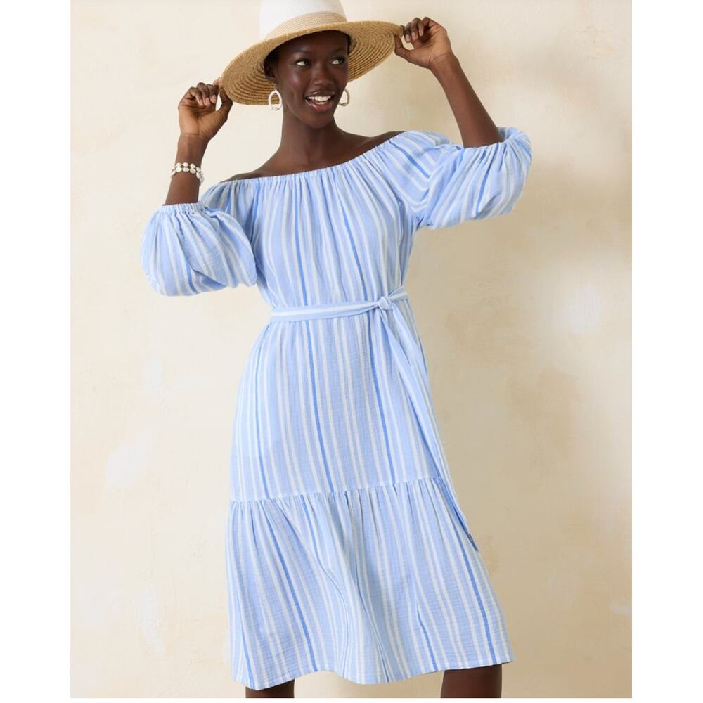 Tommy Bahama Island Gauze Villa Solstice Tie-Waist Midi Tier Dress | XL Blue NWT
